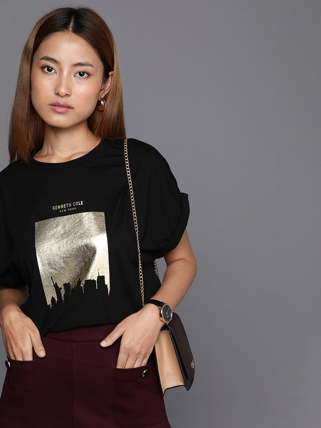 

Kenneth Cole Callout Tee Women Jet Black Printed Extended Sleeves Pure Cotton T-shirt