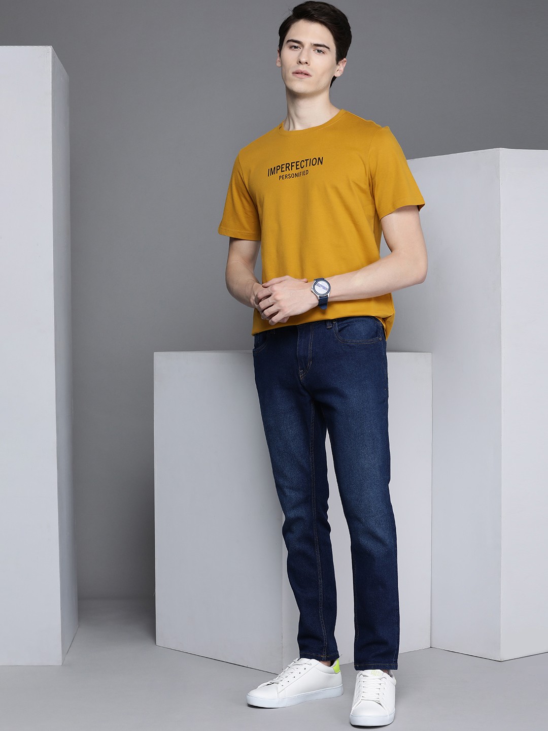 

Kenneth Cole Elementary Tee Men Mustard Yellow Typography Printed Pure Cotton T-shirt