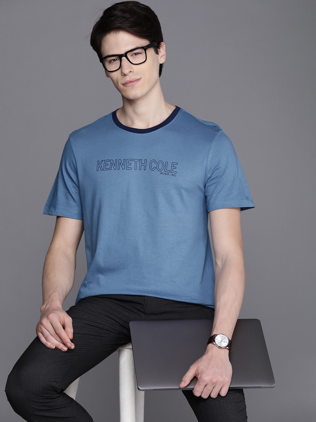 

Kenneth Cole Focal Tee Men Blue Brand Logo Printed Pure Cotton T-shirt