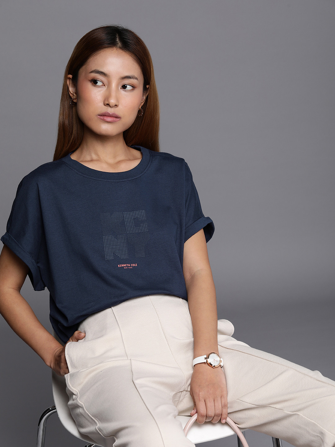 

Kenneth Cole Legacy Tee Women Naval Academy Typography Extended Sleeves Cotton T-shirt, Navy blue