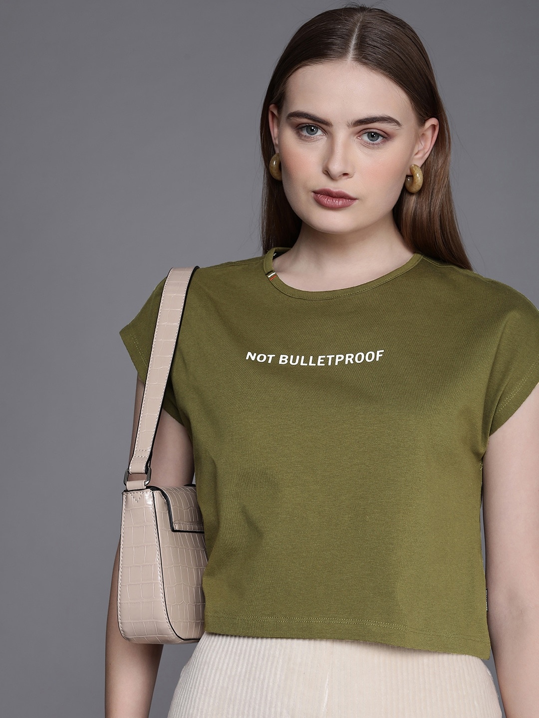 

Kenneth Cole Women Brand Logo Printed Pure Cotton T-shirt, Green