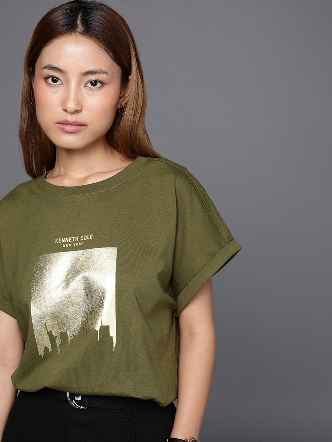 

Kenneth Cole Callout Tee Women Sphagnum Green Printed Extended Sleeves Pure Cotton T-shirt, Olive