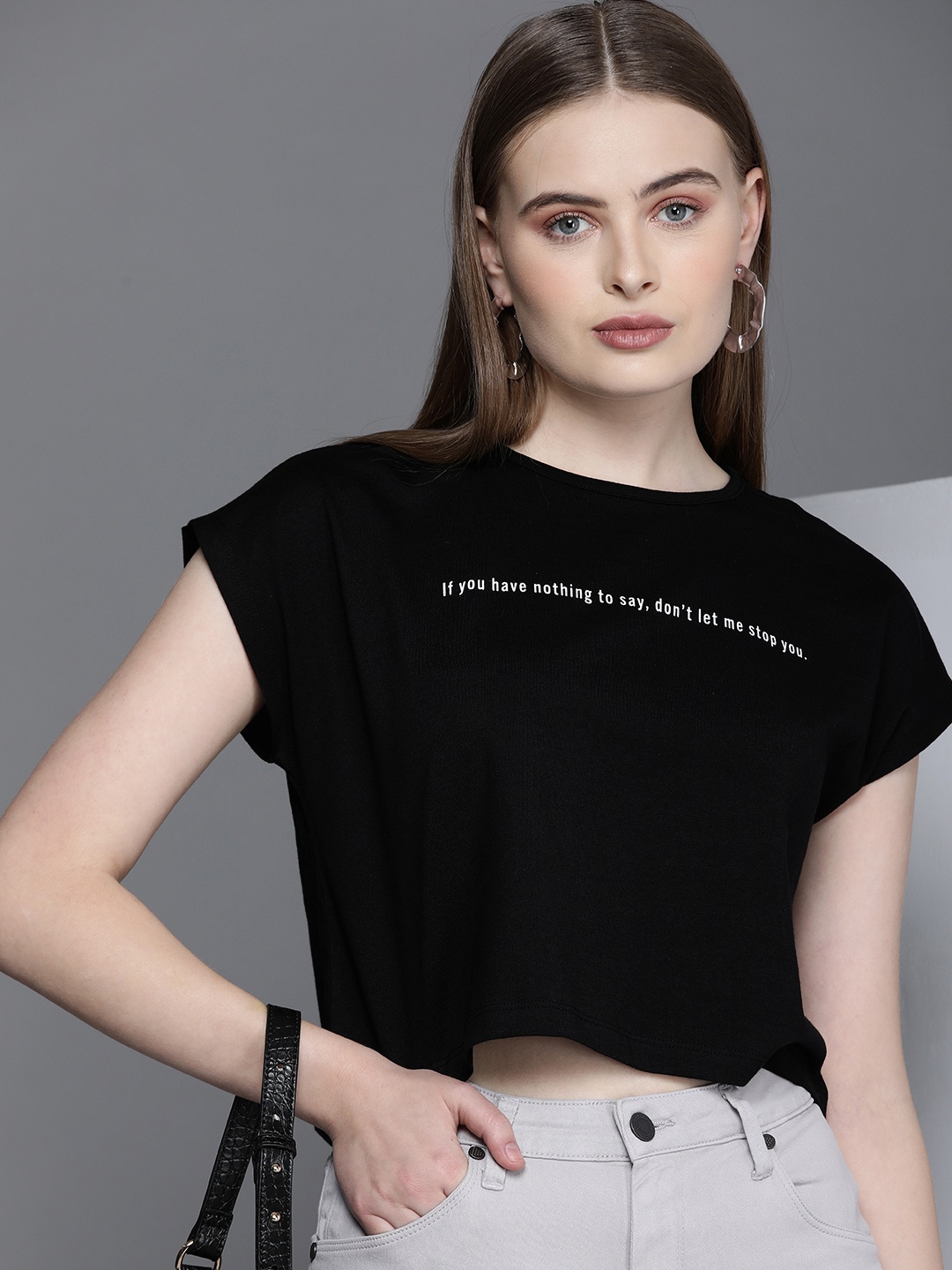 

Kenneth Cole Voice Tee Women Black Pure Cotton Printed Extended Sleeves Boxy T-shirt