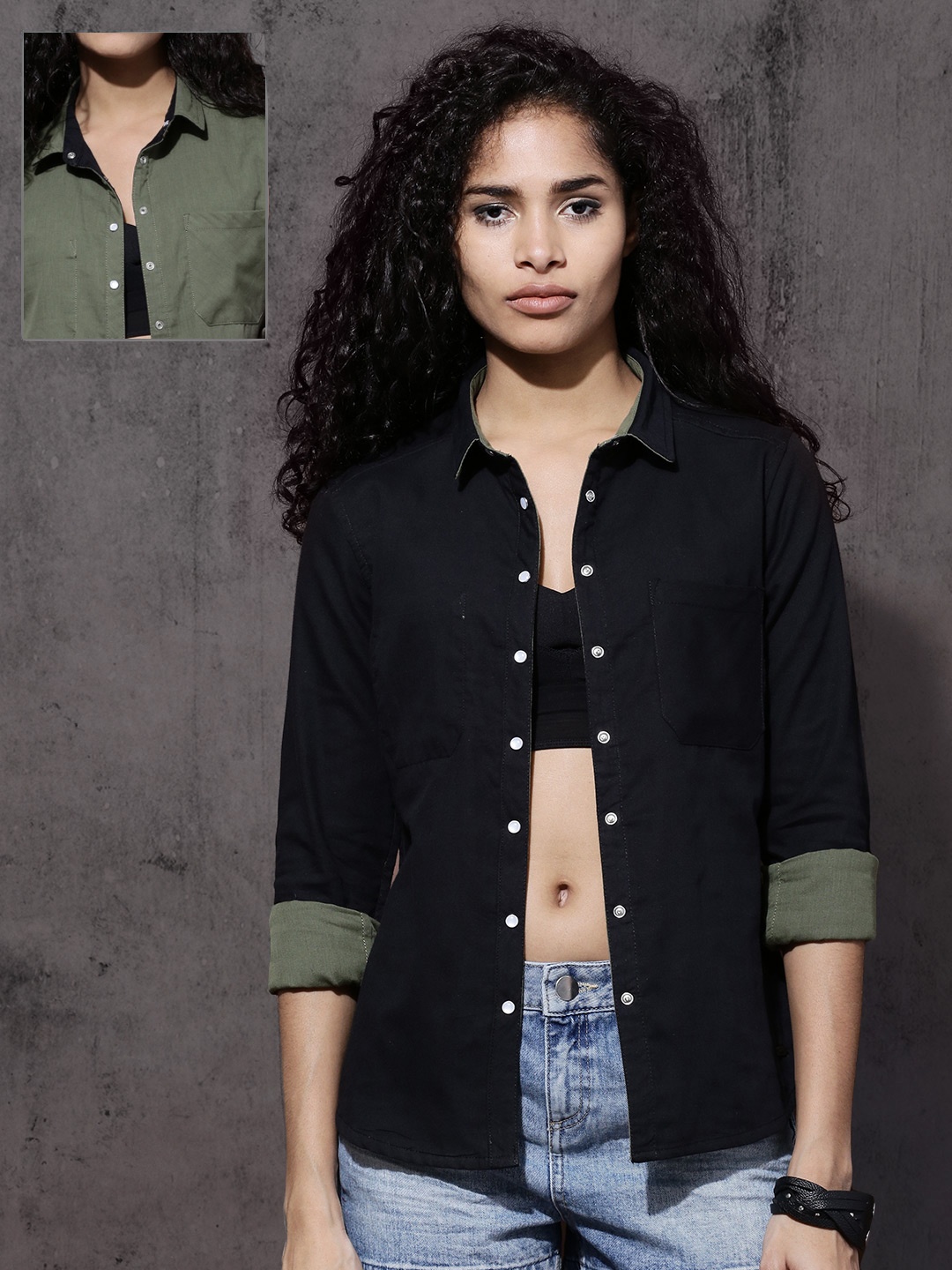 

Roadster Women Black & Olive Green Reversible Sustainable Casual Shirt