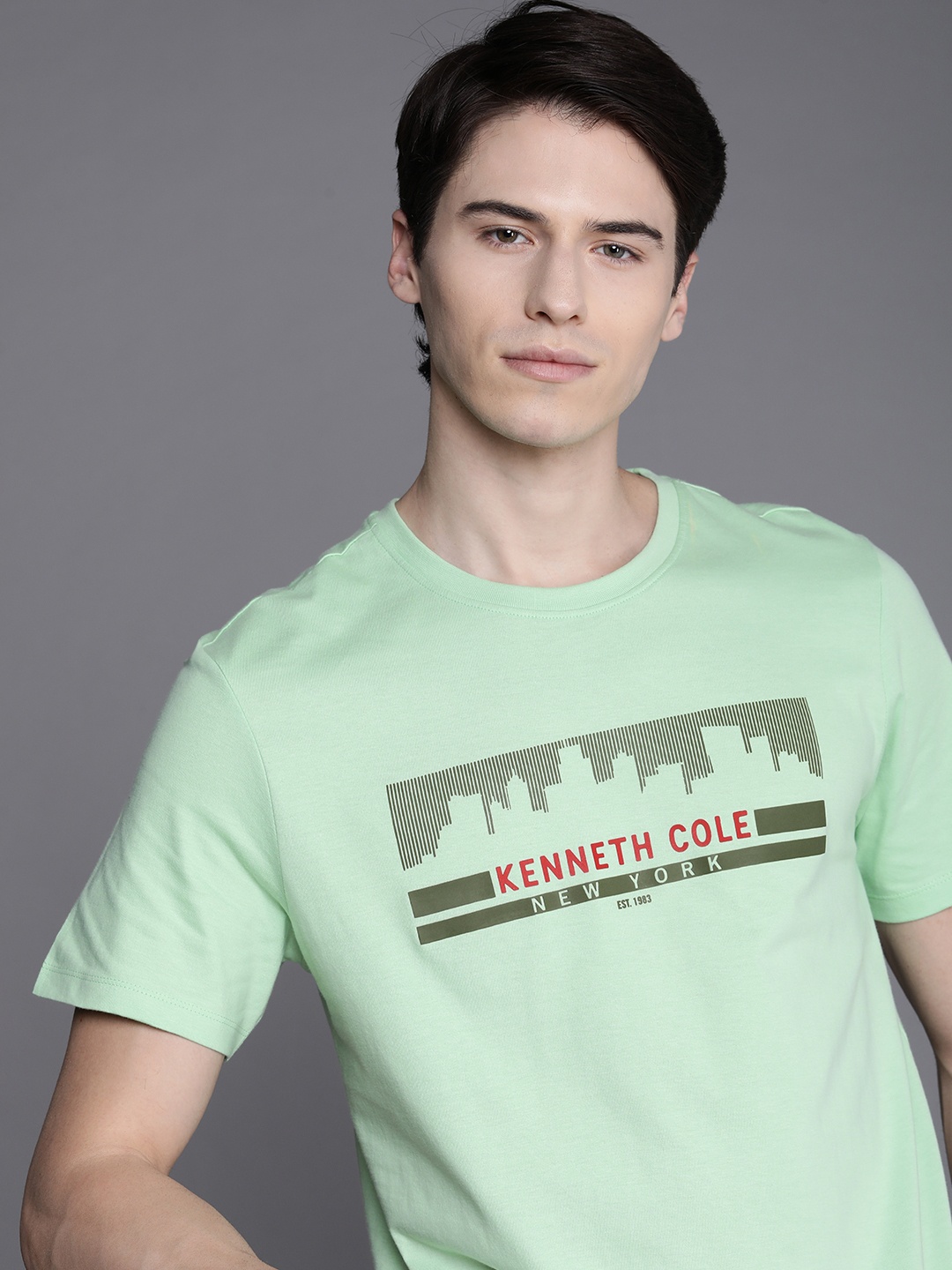 

Kenneth Cole Voice Tee Men Green Brand Logo Printed Pure Cotton T-shirt
