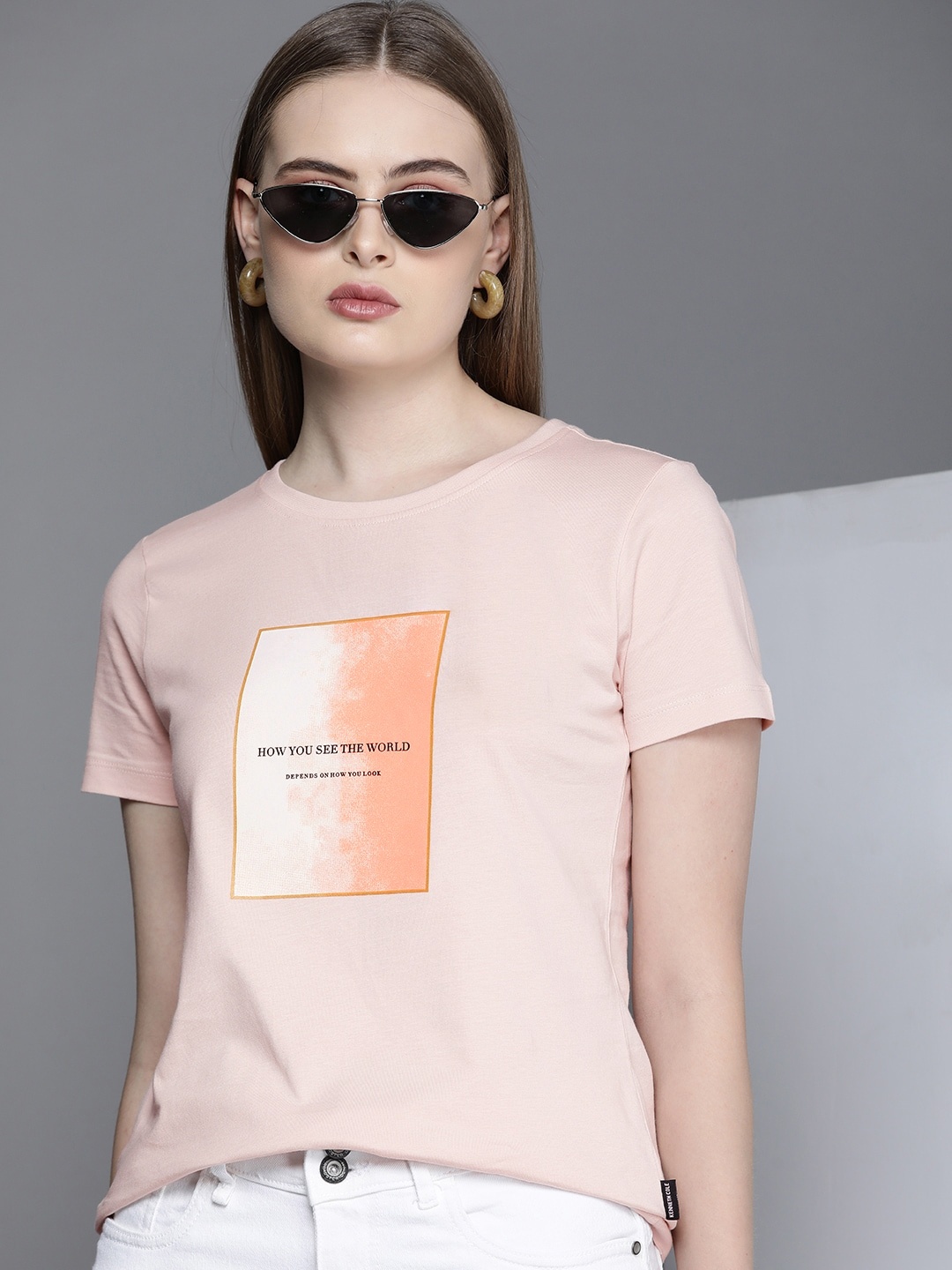 

Kenneth Cole Callout Tee Women Pink Typography Printed Pure Cotton T-shirt