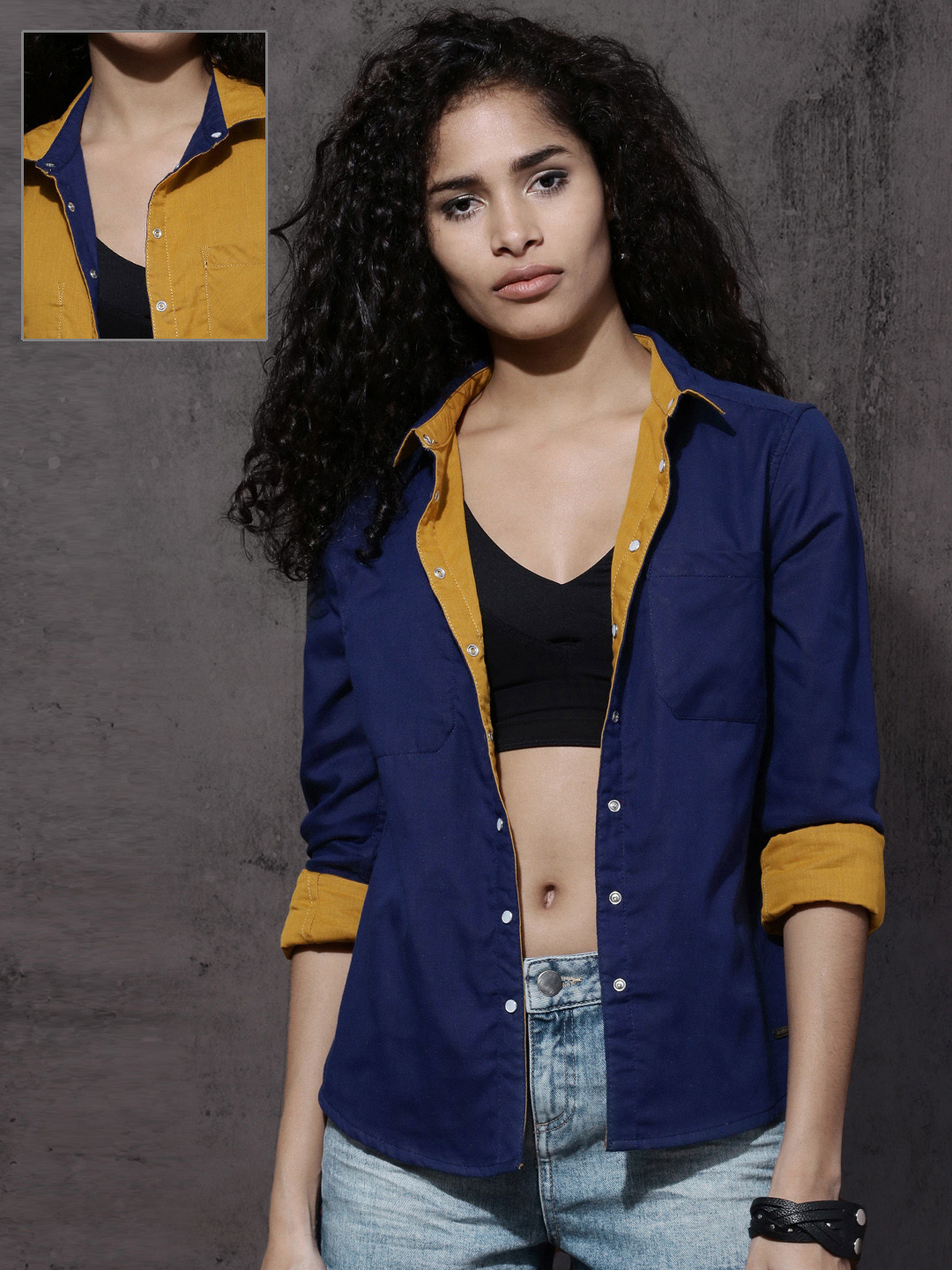 

Roadster Women Navy & Mustard Yellow Regular Fit Solid Reversible Casual Shirt, Navy blue