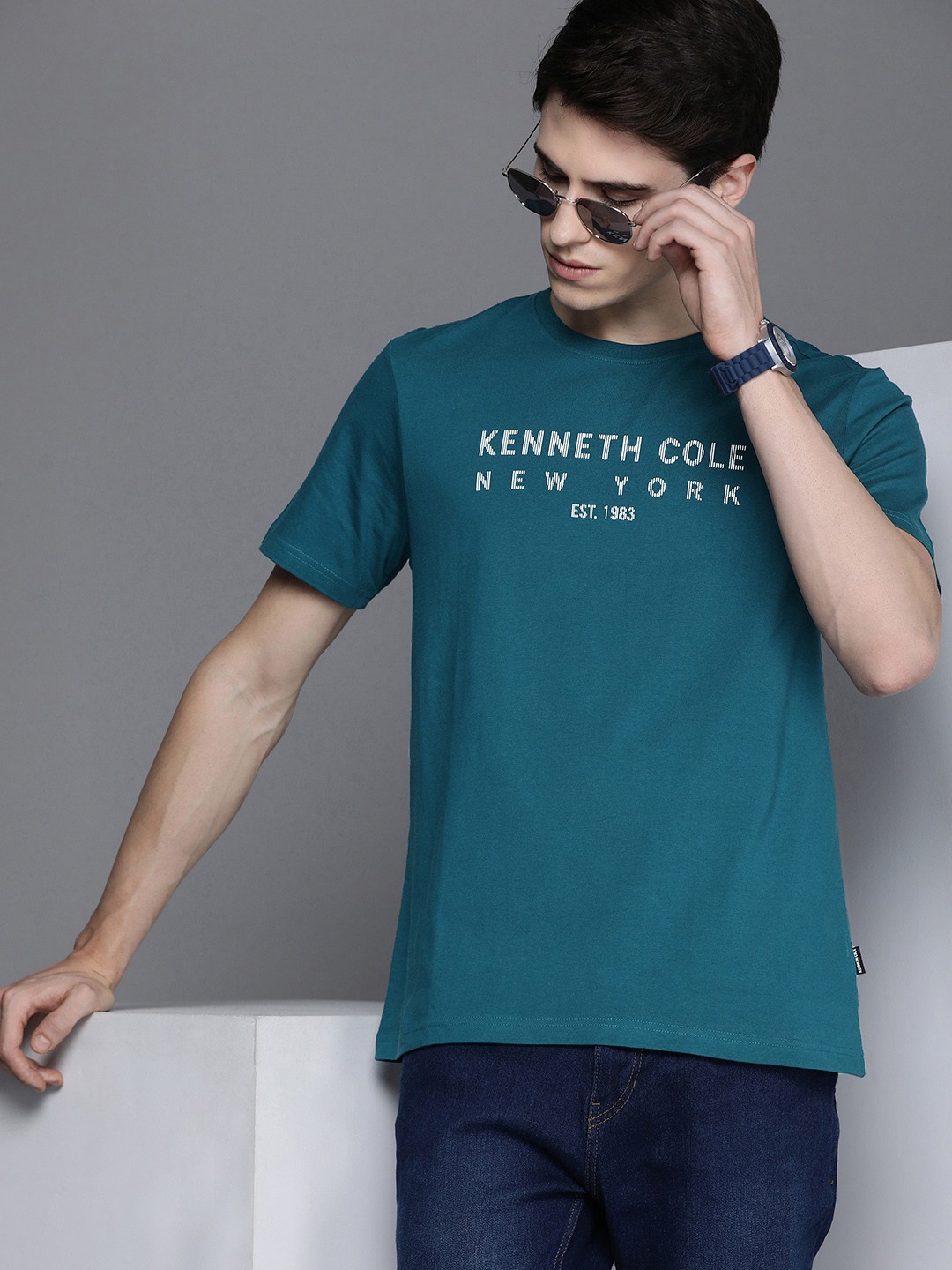 

Kenneth Cole Focal Tee Men Coronet Blue Typography Printed Pure Cotton T-shirt, Teal