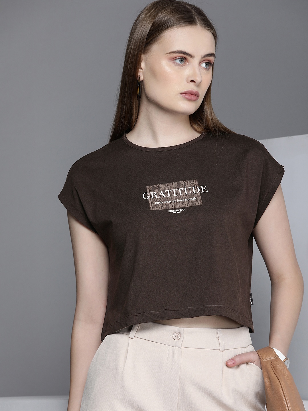 

Kenneth Cole Callout Tee Women Chestnut Brown Typography Pure Cotton T-shirt