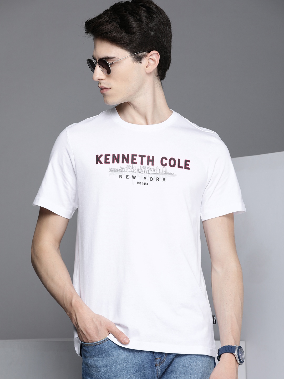 

Kenneth Cole Citysphere Tee Men White Pure Cotton Brand Logo Printed Applique T-shirt