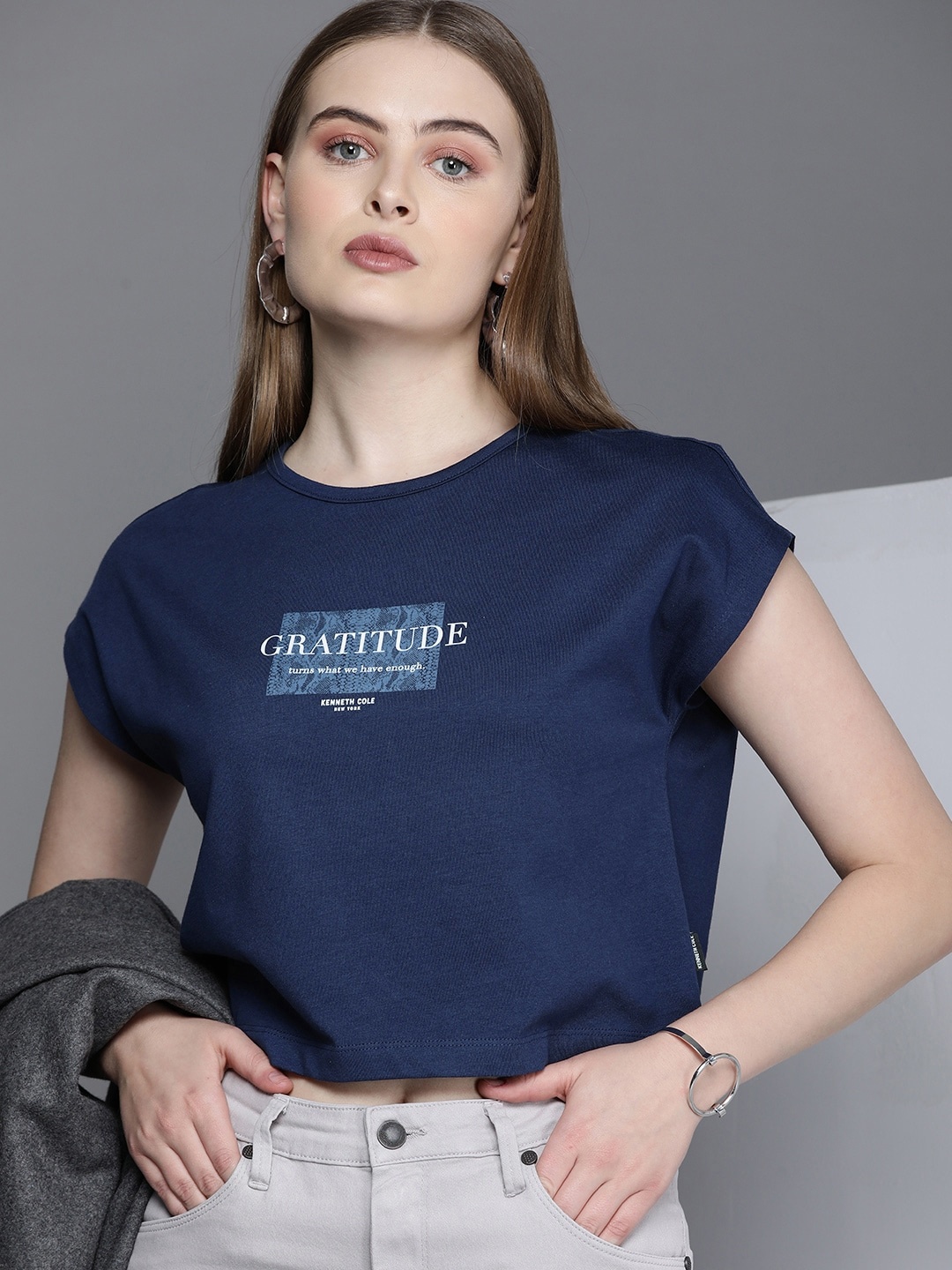 

Kenneth Cole Voice Tee Women Navy Blue Pure Cotton Printed Extended Sleeves Boxy T-shirt