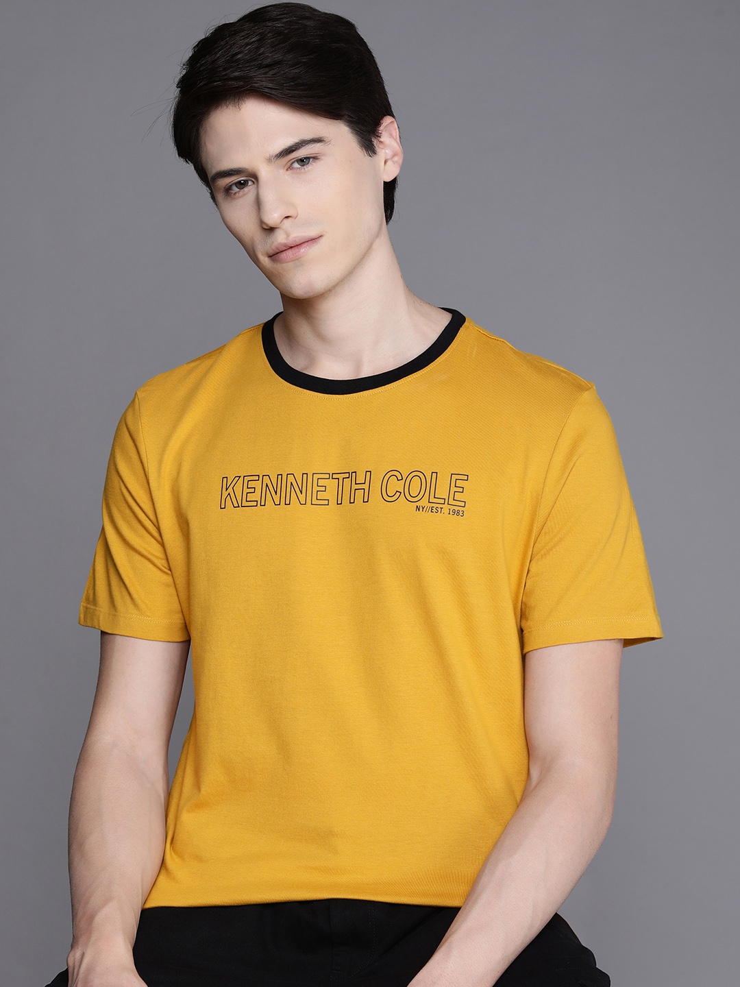 

Kenneth Cole Signature Tee Men Mustard Yellow Brand Logo Printed Pure Cotton T-shirt