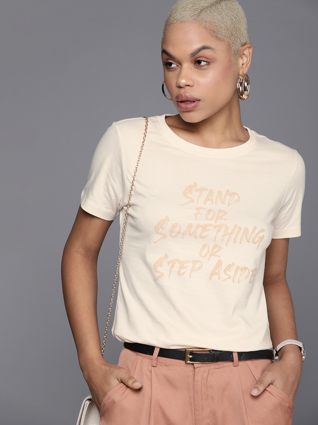 

Kenneth Cole Voice Tee Women Beige Typography Printed Pure Cotton T-shirt