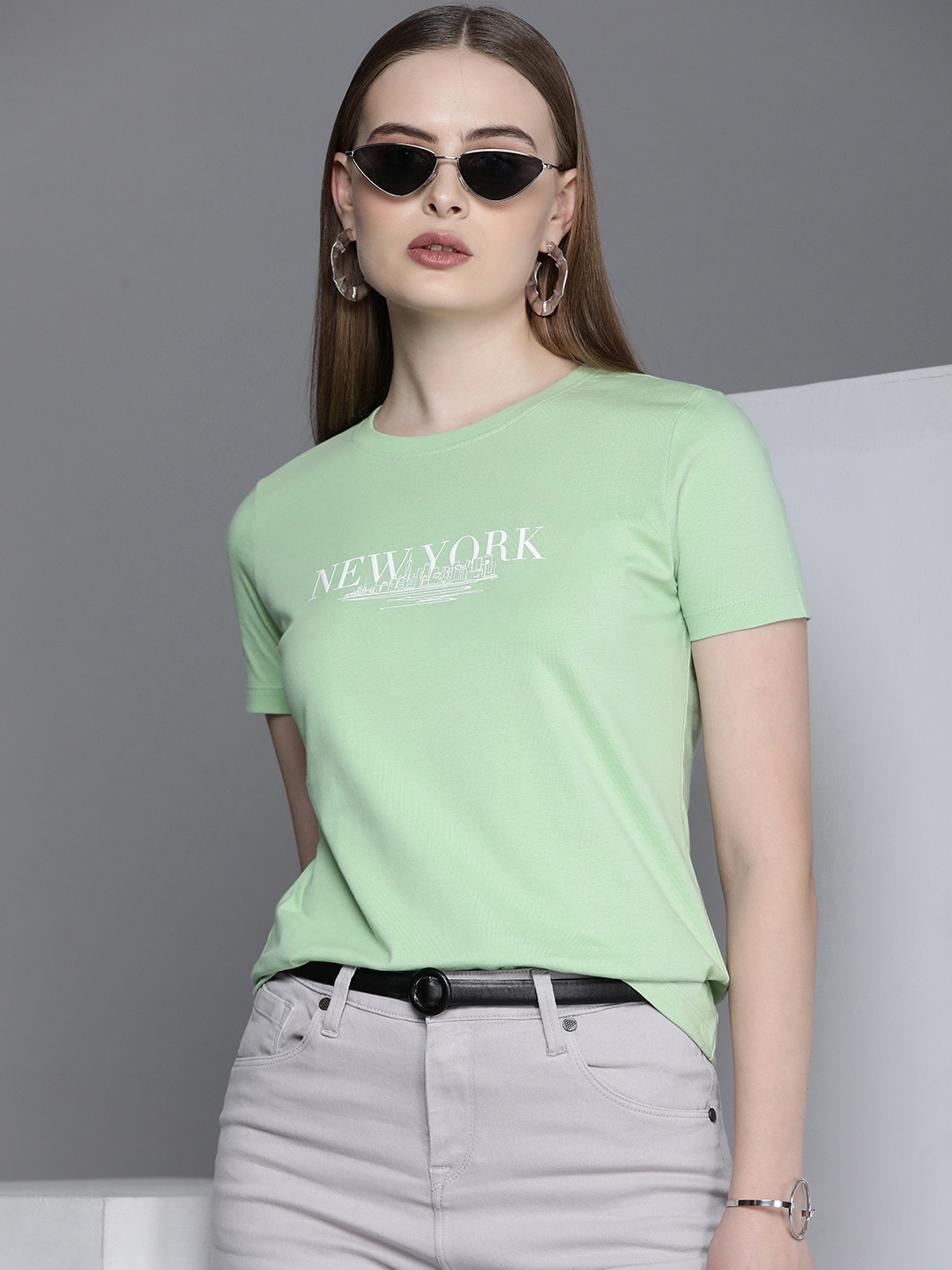 

Kenneth Cole Citysphere Tee Women Green Pure Cotton Slim Fit Typography Printed T-shirt, Sea green