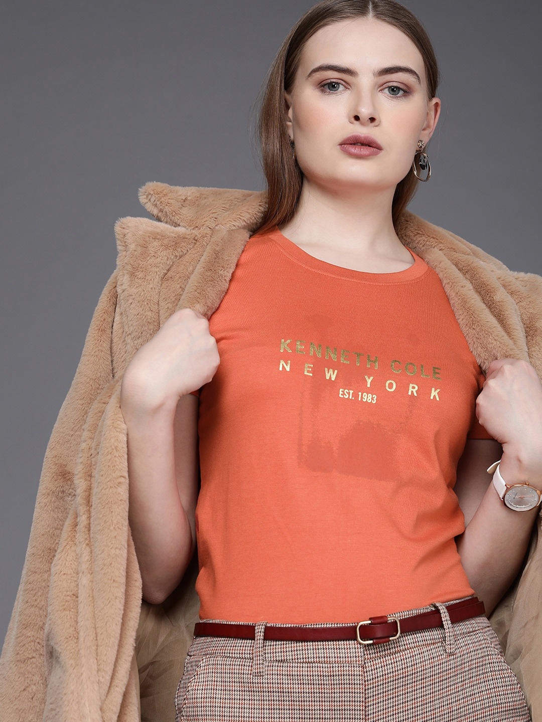 Kenneth Cole Signature Tee Women Rust Brand Logo Printed Pure Cotton T-shirt