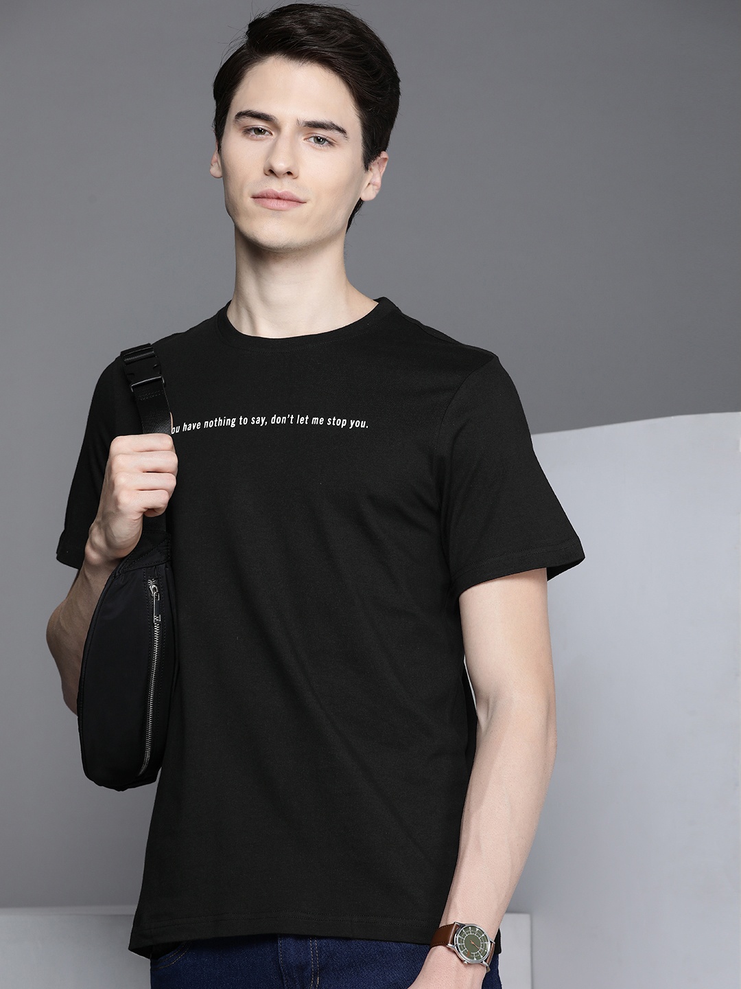 

Kenneth Cole Purposeful Basics Men Jet Black Typography Printed Pure Cotton T-shirt