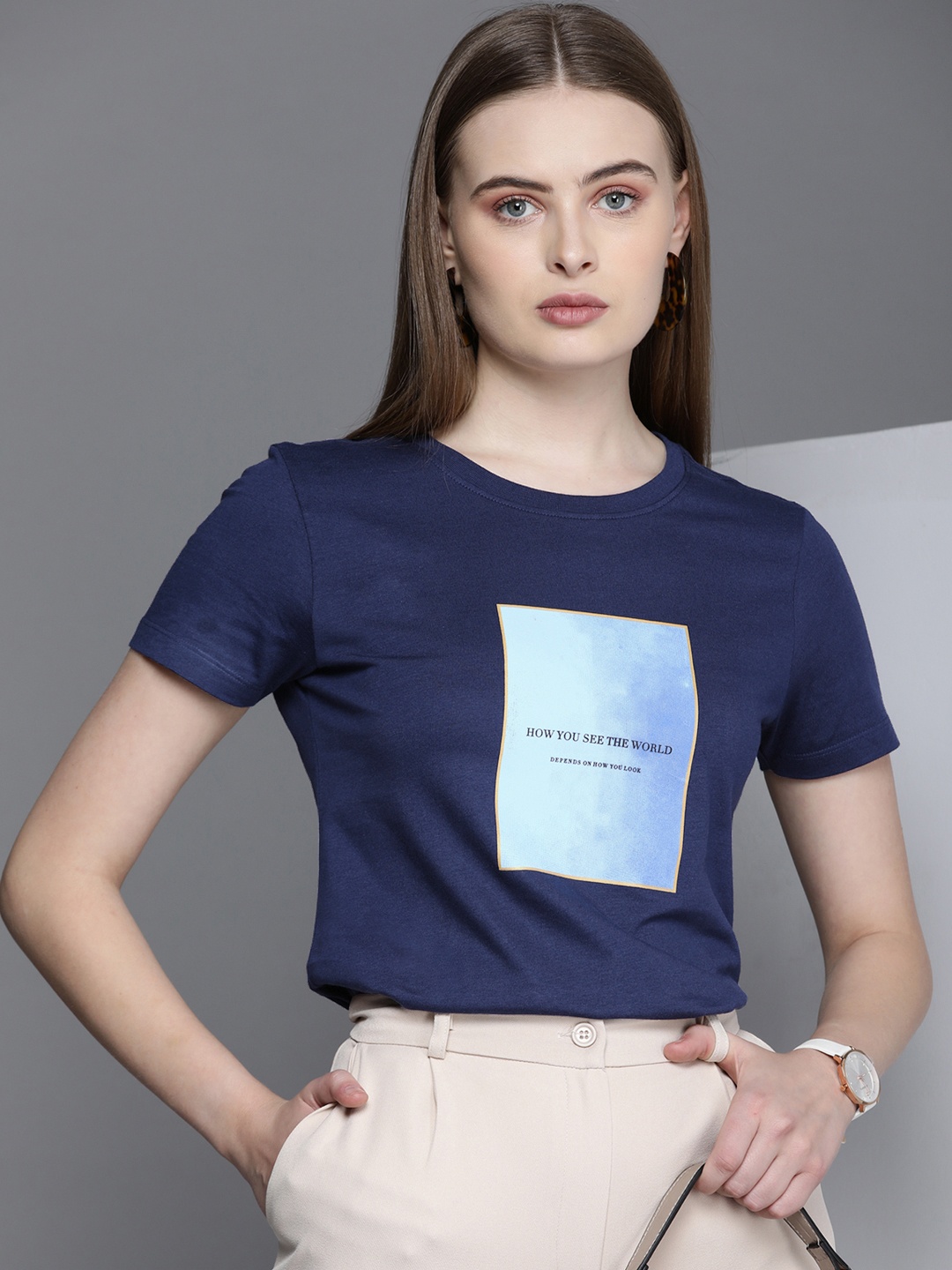 

Kenneth Cole Callout Tee Women Naval Academy Typography Printed Pure Cotton T-shirt, Navy blue