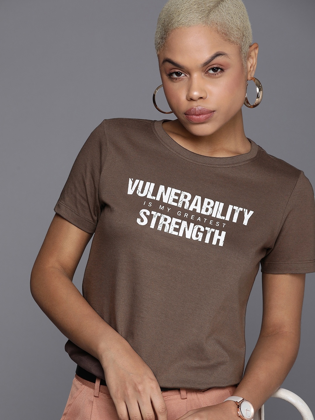 Kenneth Cole Voice Tee Women Brown Typography Printed Pure Cotton T-shirt