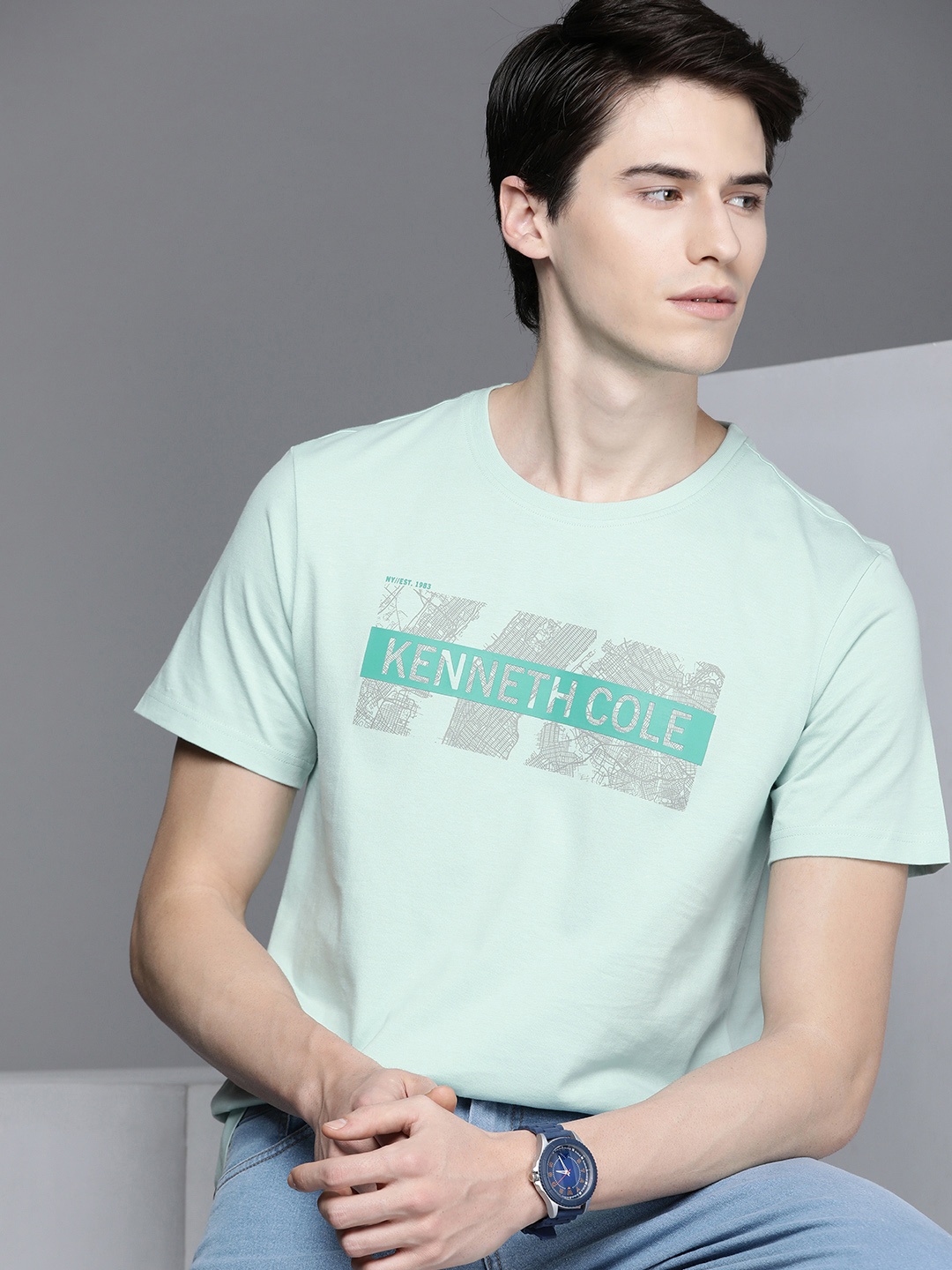 

Kenneth Cole Kernel Tee Men Mint Green Brand Logo Printed Pure Cotton T-shirt