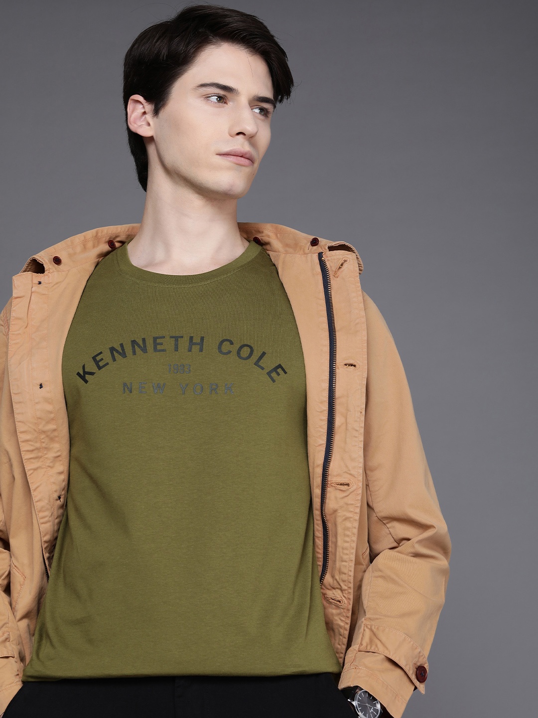 

Kenneth Cole Signature Tee Men Olive Typography Printed Pure Cotton T-shirt