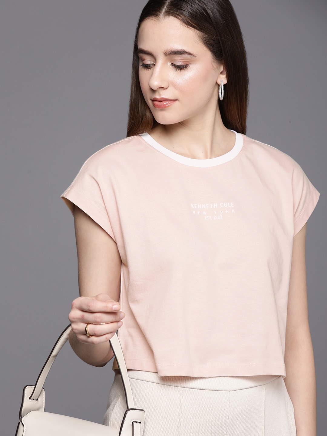 

Kenneth Cole Signature Tee Women Pink Brand Logo Printed Pure Cotton T-shirt