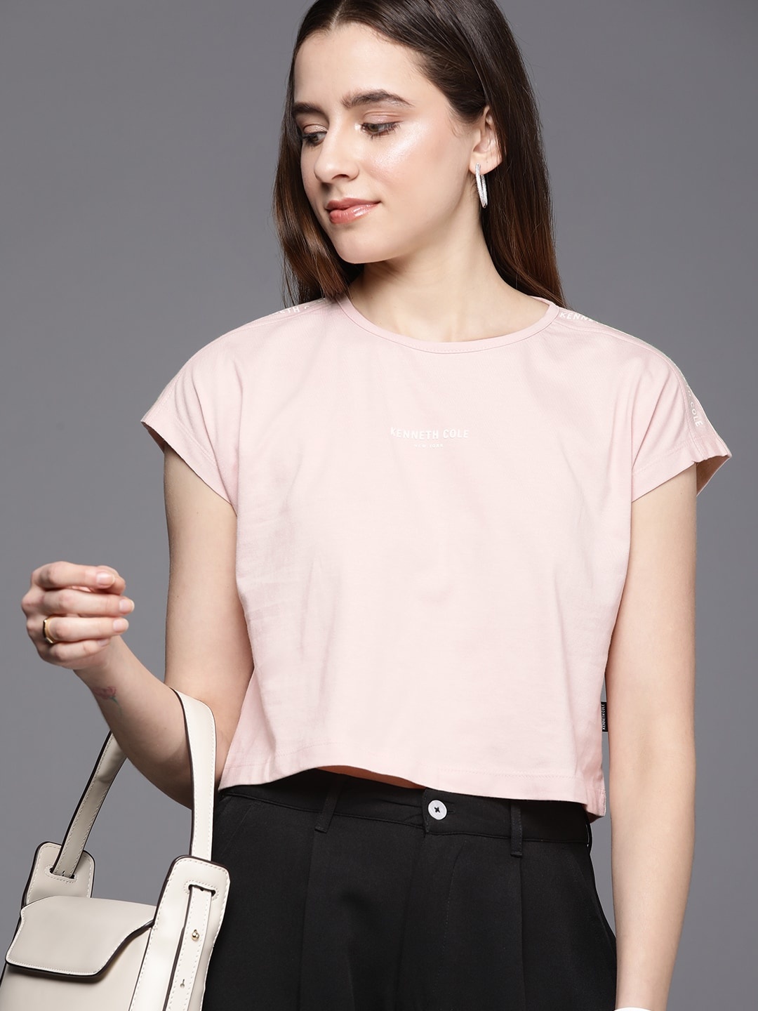 

Kenneth Cole Signature Tee Women Pink Brand Logo Extended Sleeves Pure Cotton T-shirt