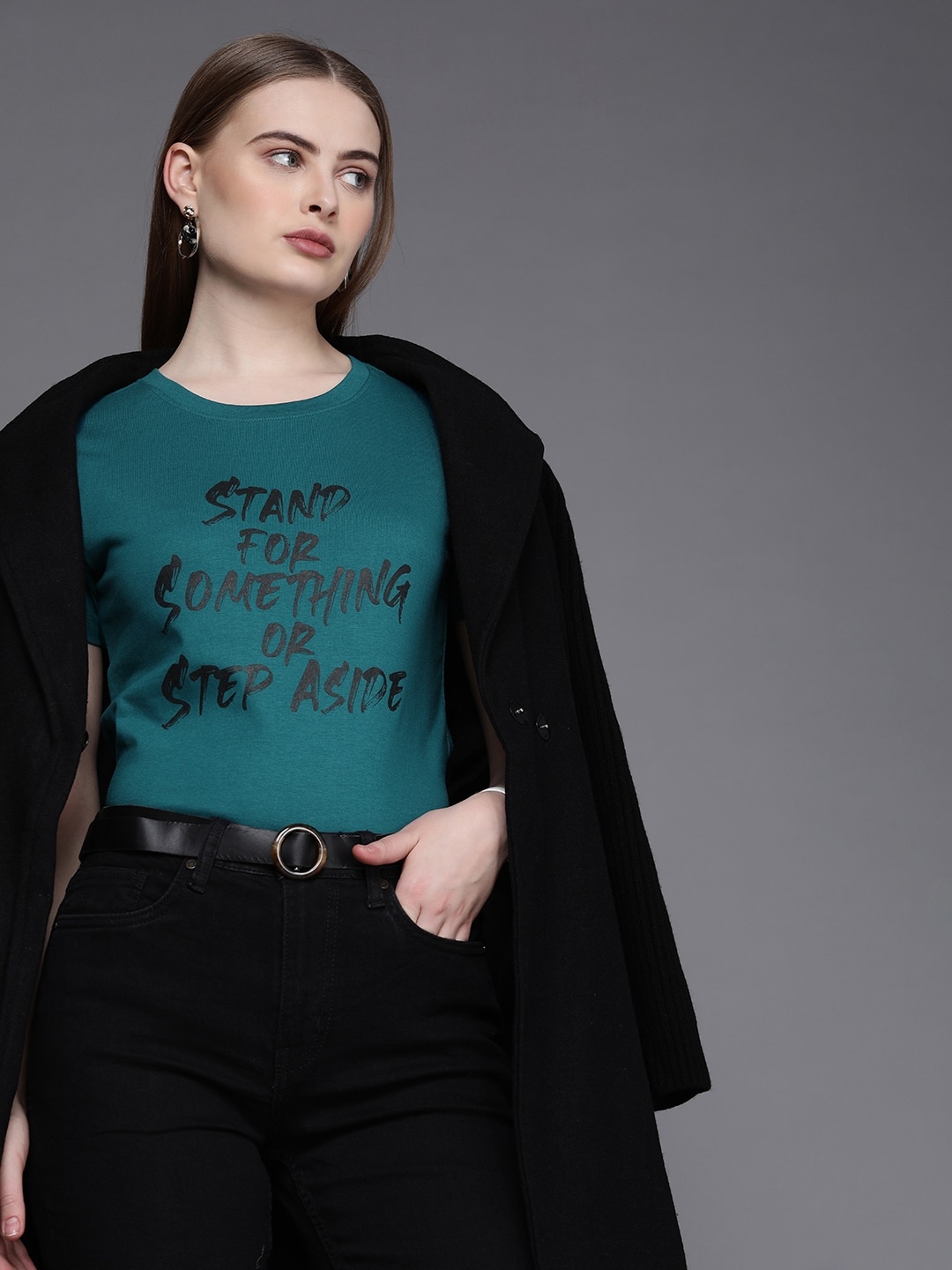 

Kenneth Cole Voice Tee Women Teal Blue Typography Printed Pure Cotton T-shirt
