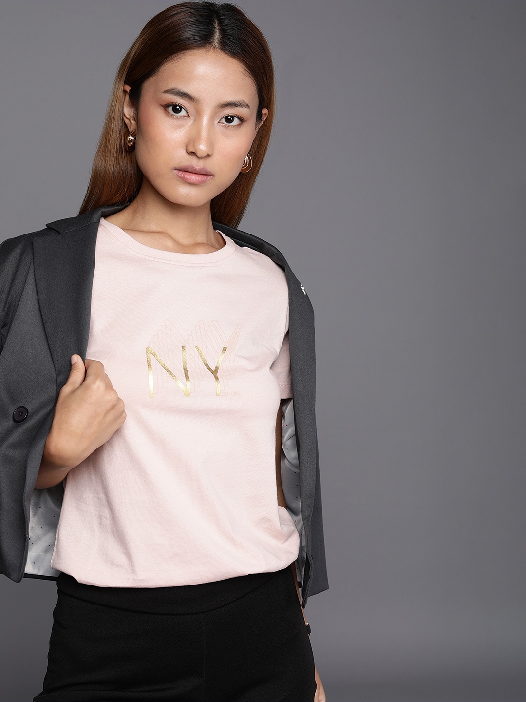 

Kenneth Cole Heritage Tee Women Sepia Rose Typography Printed Pure Cotton T-shirt, Pink