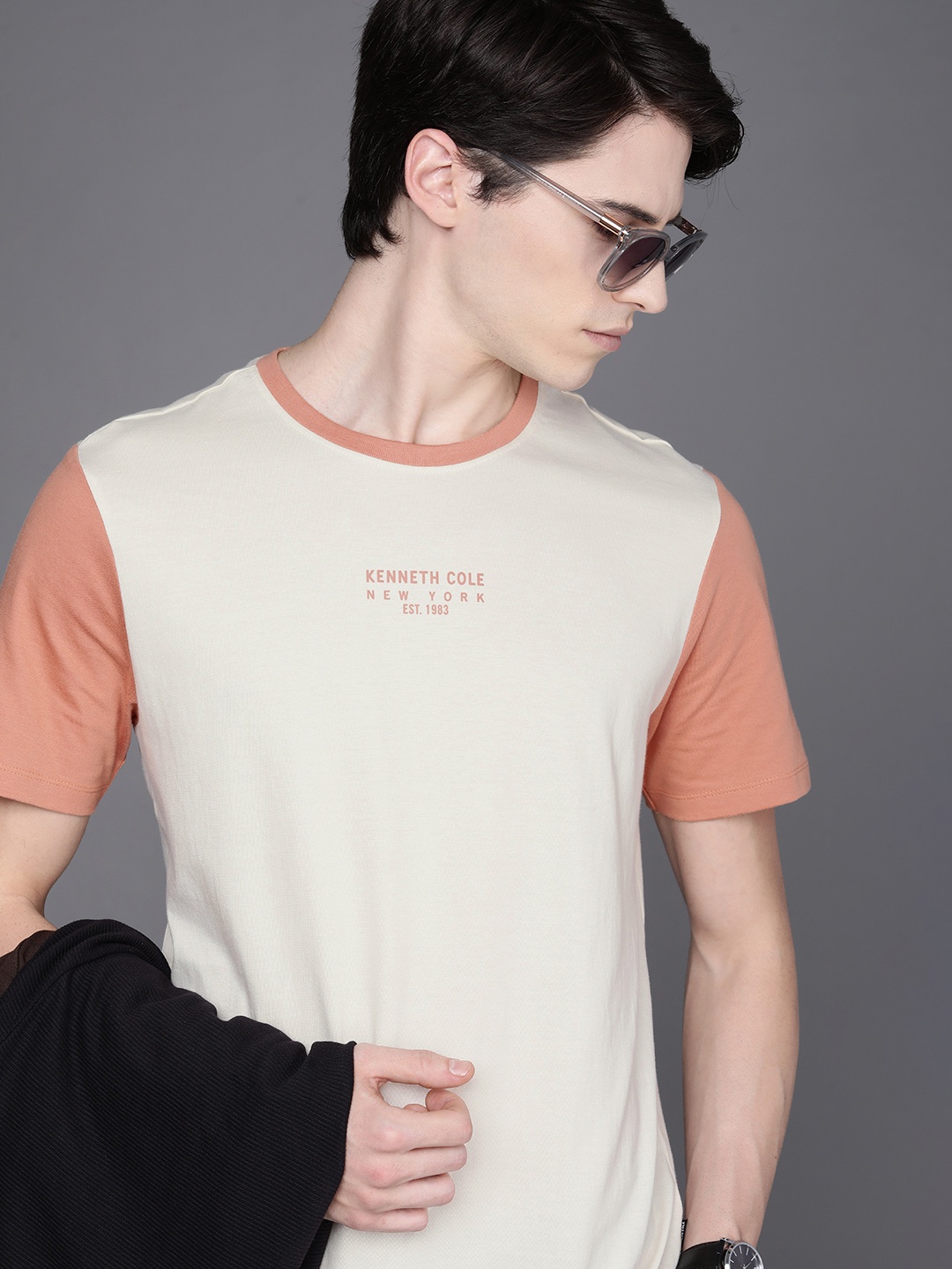 

Kenneth Cole Signature Tee Men Beige Brand Logo Pure Cotton T-shirt