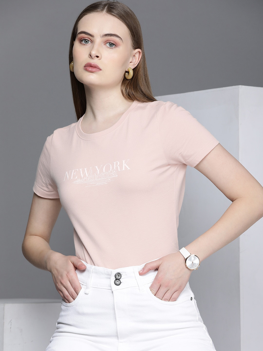 

Kenneth Cole Legacy Tee Women Sepia Rose Typography Printed Pure Cotton T-shirt, Pink