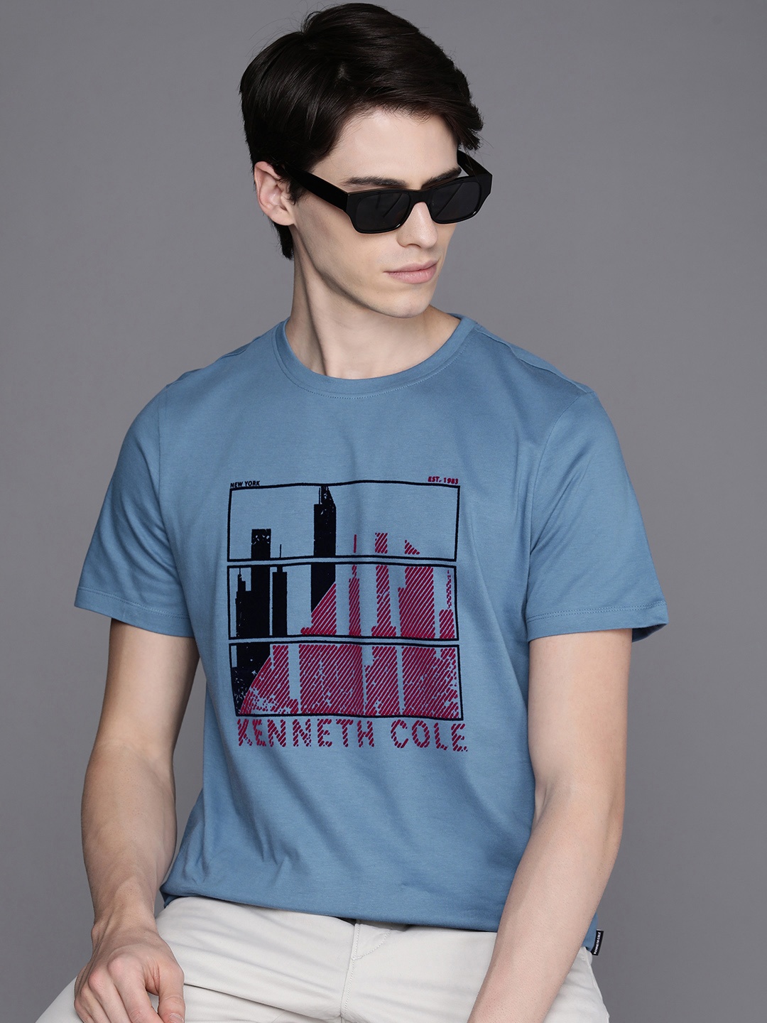 

Kenneth Cole Prospect Tee Men Blue Self-Design Graphic Embroidered Pure Cotton T-shirt