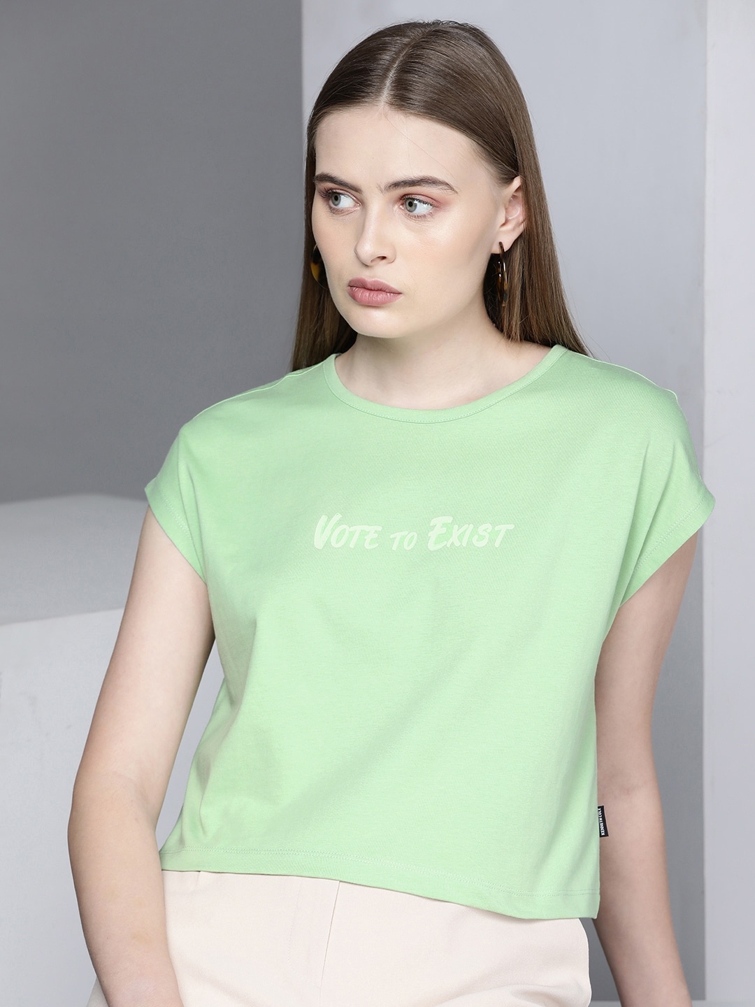 

Kenneth Cole Heritage Tee Women Quiet Green Typography Pure Cotton T-shirt
