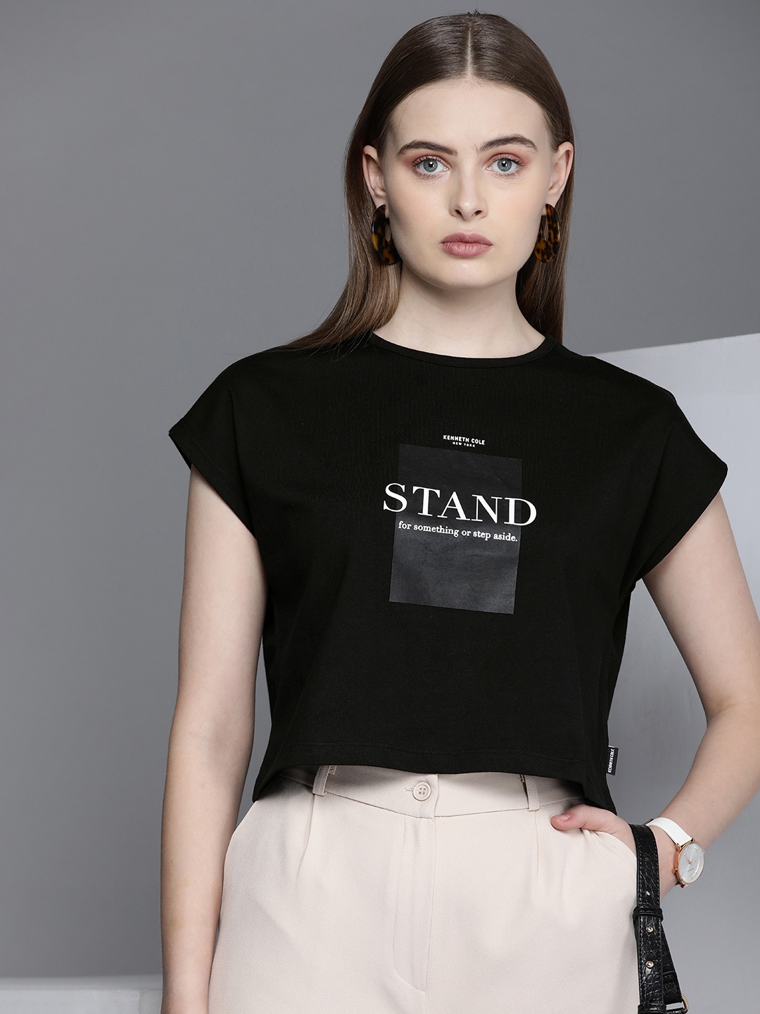 

Kenneth Cole Callout Tee Women Jet Black Typography Extended Sleeves Pure Cotton T-shirt