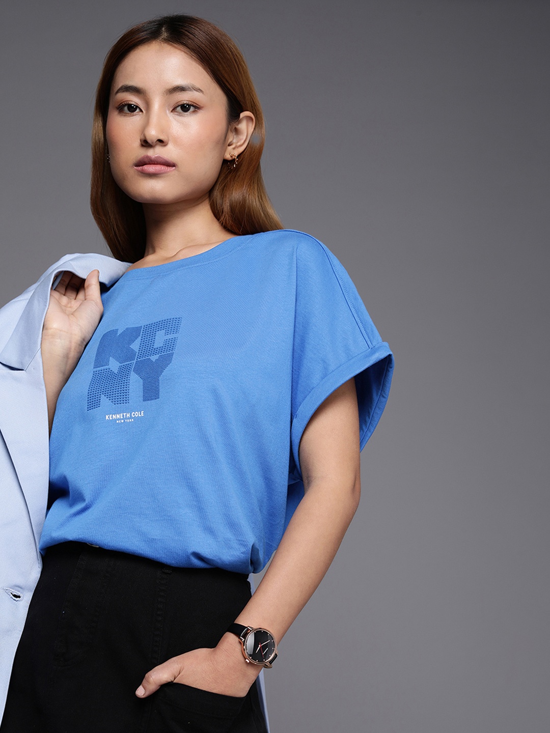 

Kenneth Cole Legacy Tee Women Campanula Blue Typography Extended Sleeves Cotton T-shirt