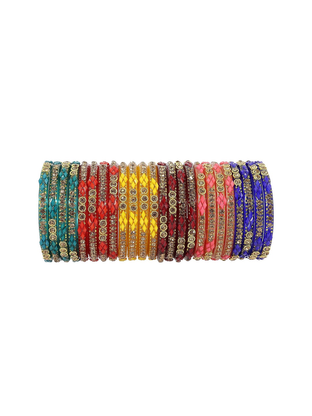 

NMII Set Of 6 Zircon Gemstone-Studded & Beaded Glossy Finished Glass Bangle Set, Red