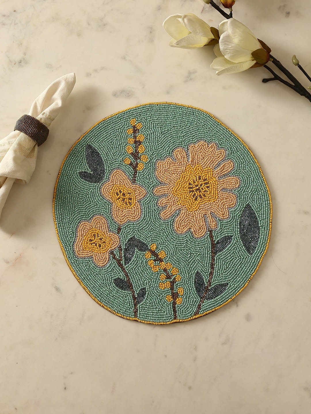 

Amoliconcepts Aqua Green Floral Beaded Table Placemat