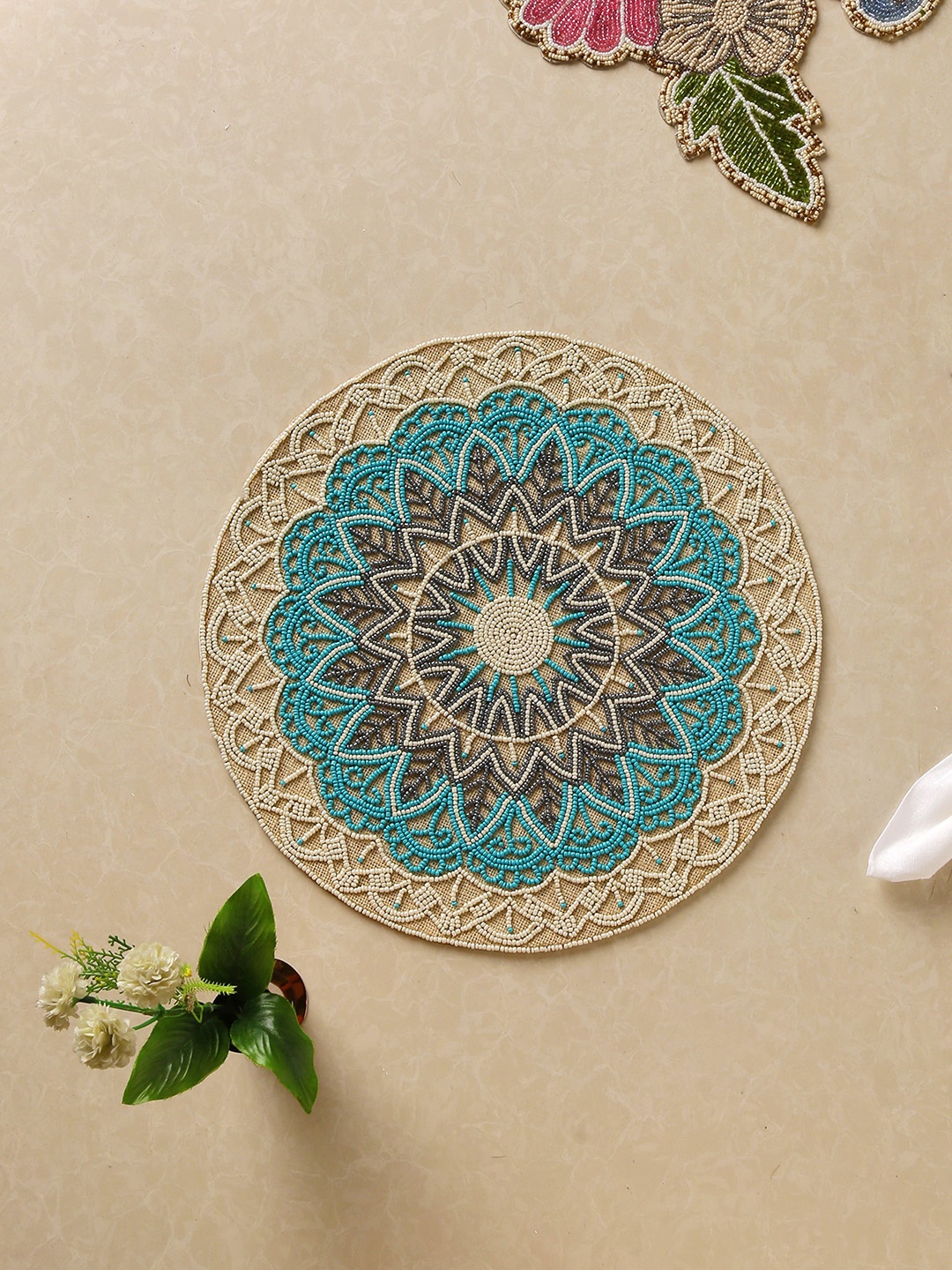 

Amoliconcepts Exclusively Crafted Blue & Black Beaded Round Shape Table Placemat