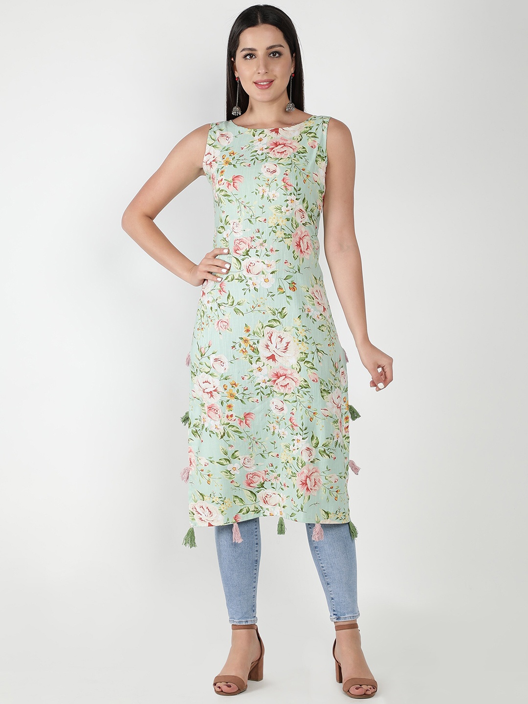 

ISAM Round Neck Floral Printed Cotton Kurta, Green