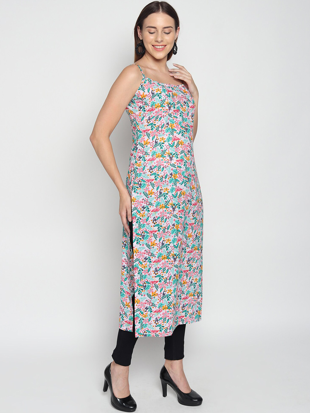 

ISAM Floral Printed Shoulder Straps Cotton Kurta, Off white