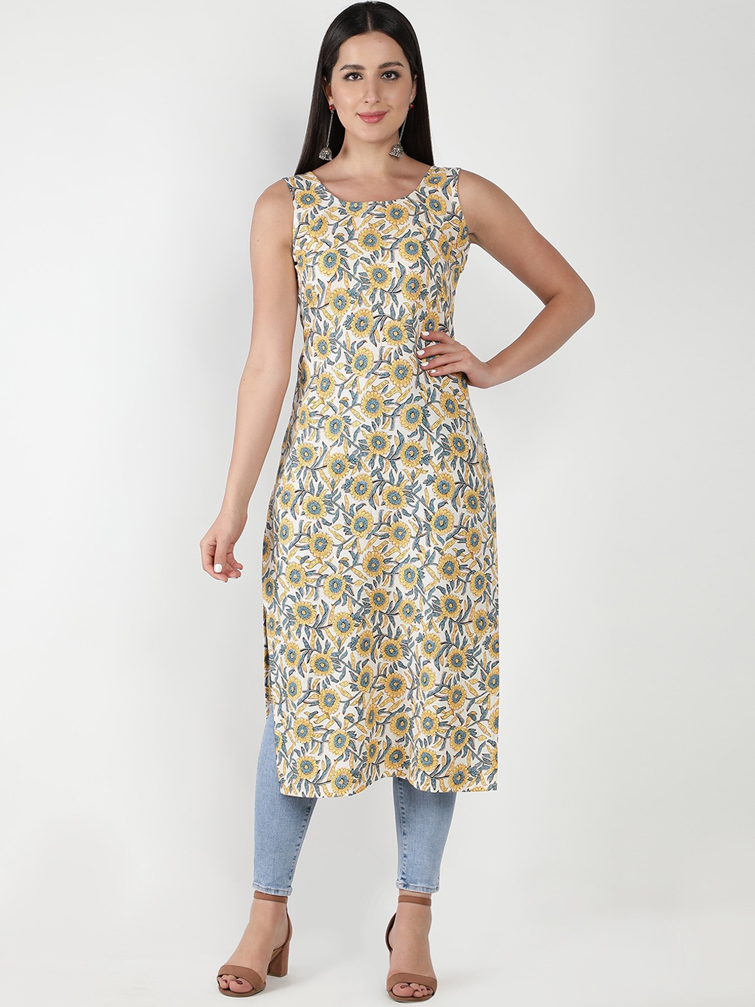 

ISAM Printed Floral Round Neck Cotton Kurta, Off white