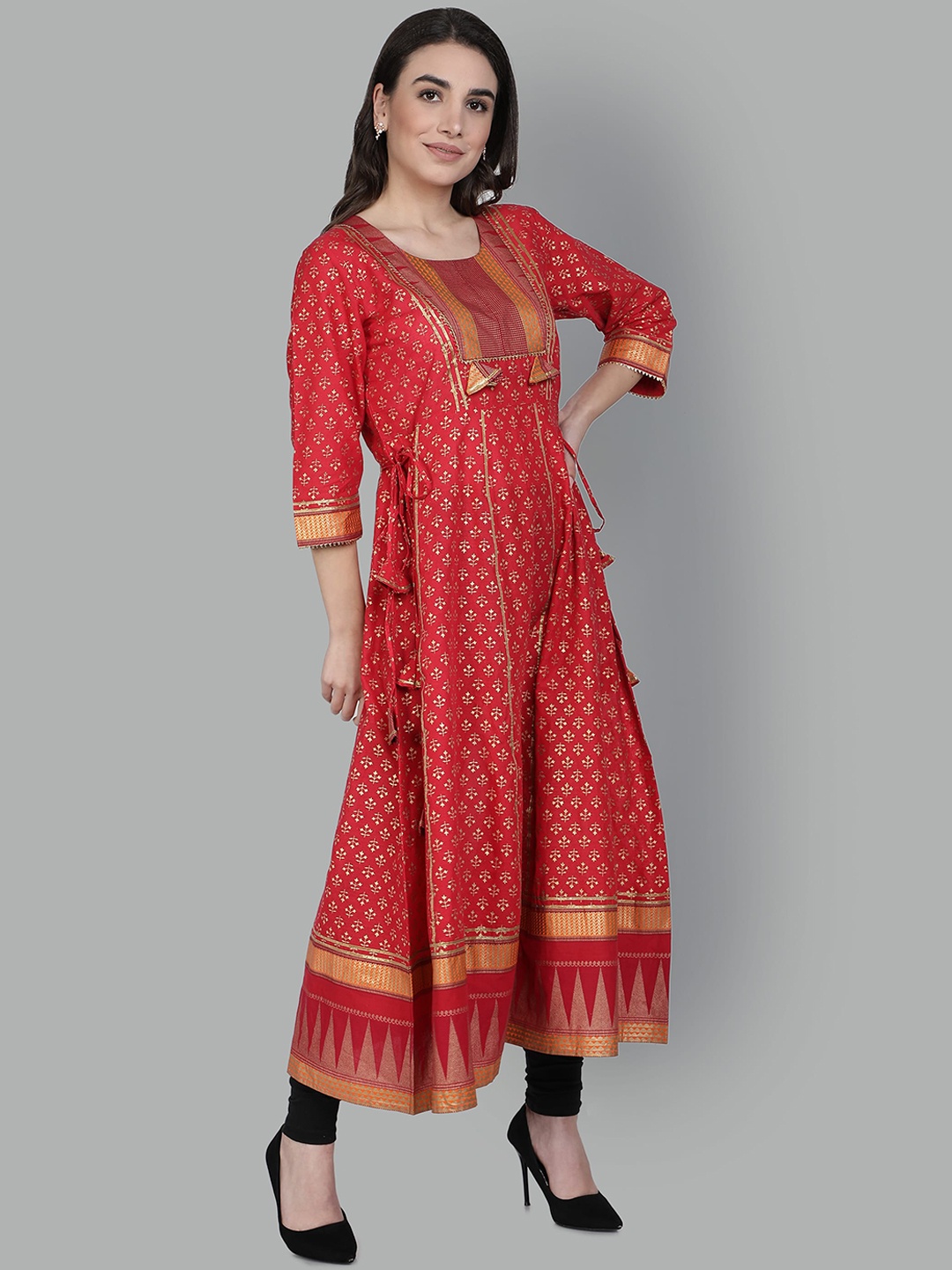 

ISAM Ethnic Motifs Printed Mukaish Anarkali Cotton Kurta, Red