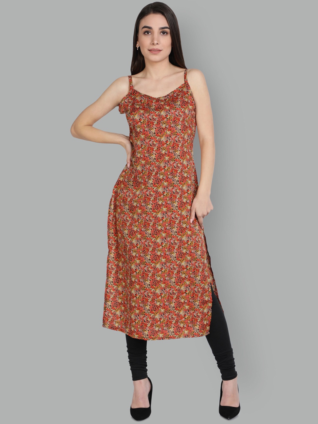 

ISAM Floral Printed Shoulder Strap A-Line Kurta, Rust