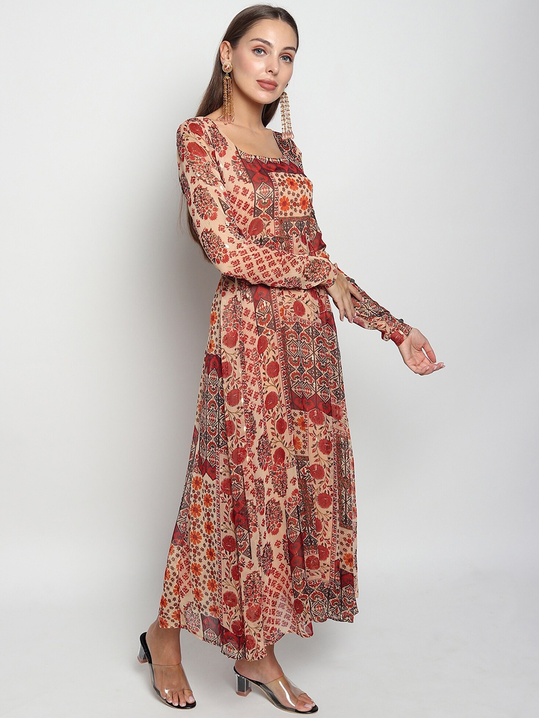 

ISAM Women Floral Printed Fit & Flare Ethnic Dress With Dupatta, Beige