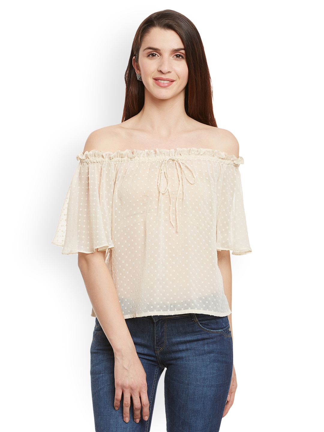 

Miss Chase Women Beige Self Design Bardot Top