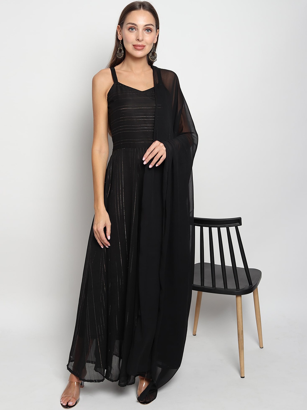 

ISAM Women Self Design Fit & Flare Ethnic Dress With Dupatta, Black