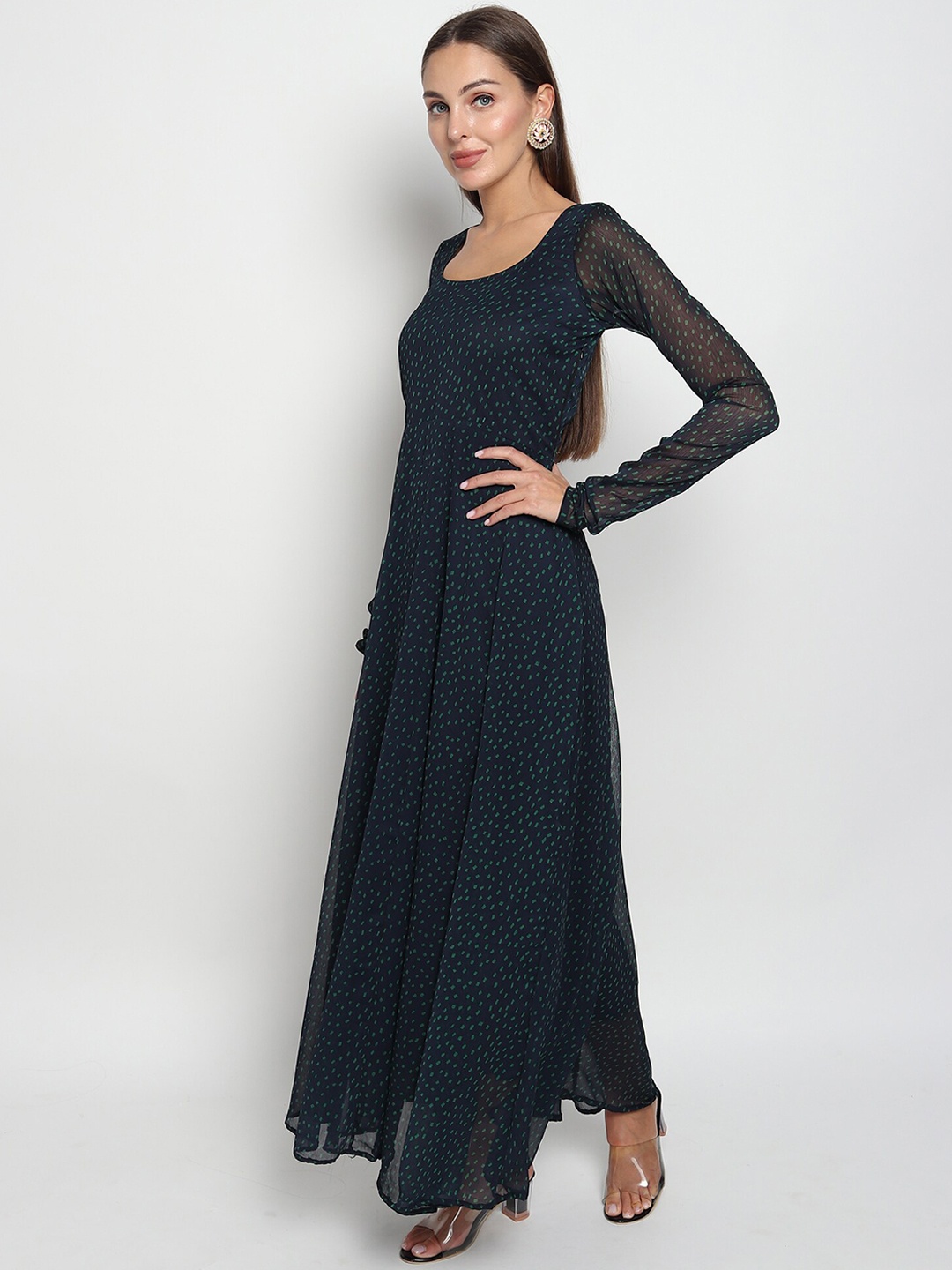 

ISAM Women Abstract Printed Fit & Flare Ethnic Dress With Dupatta, Blue