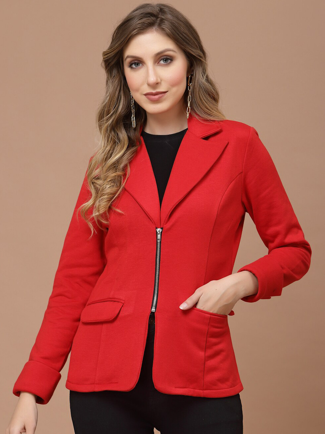 

KASSUALLY Women Fleece Casual Blazer With Metal Zipper, Red