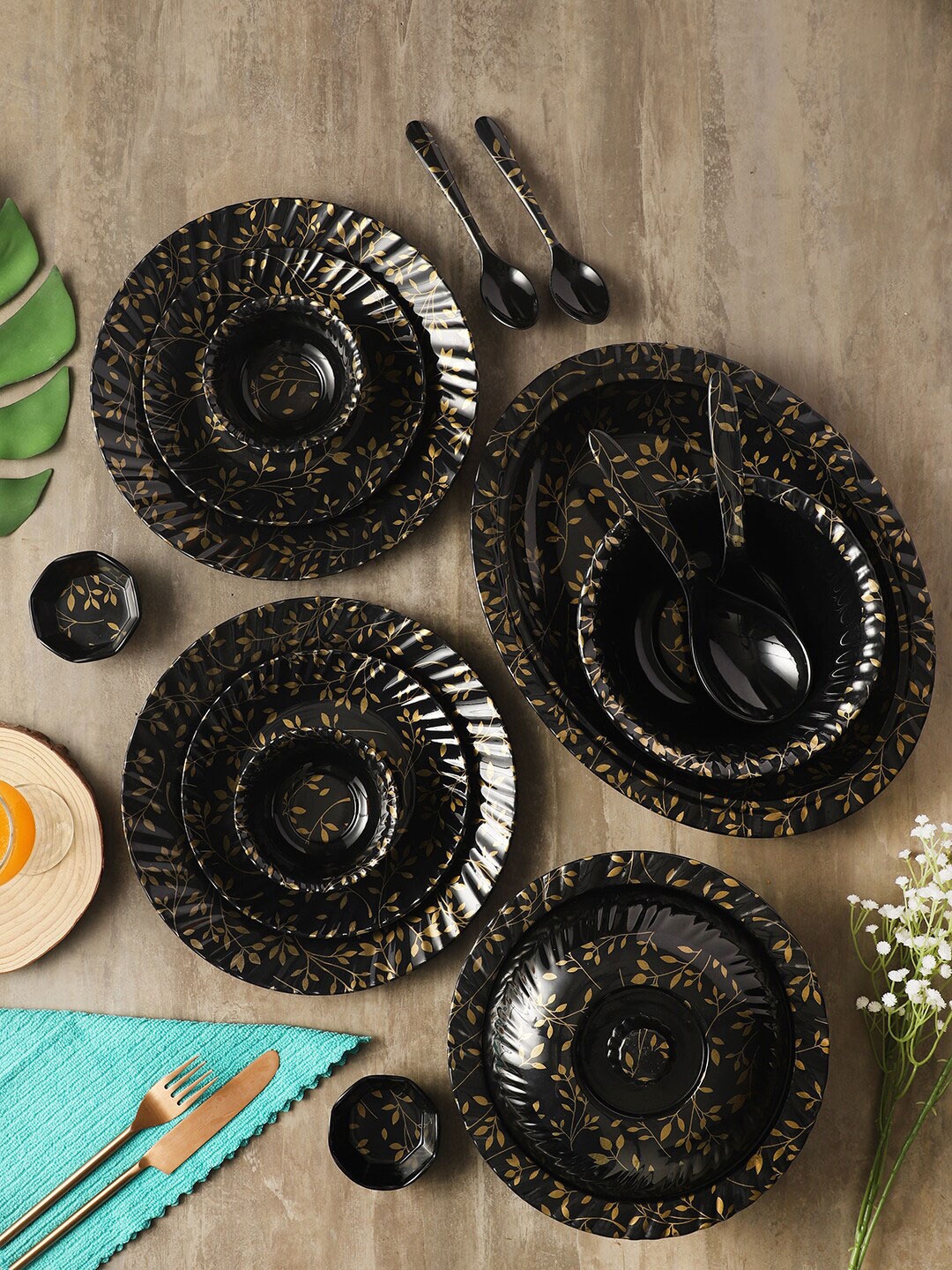 

CDI Black & Gold-Toned 46 Pieces Printed Melamine Glossy Dinner Set