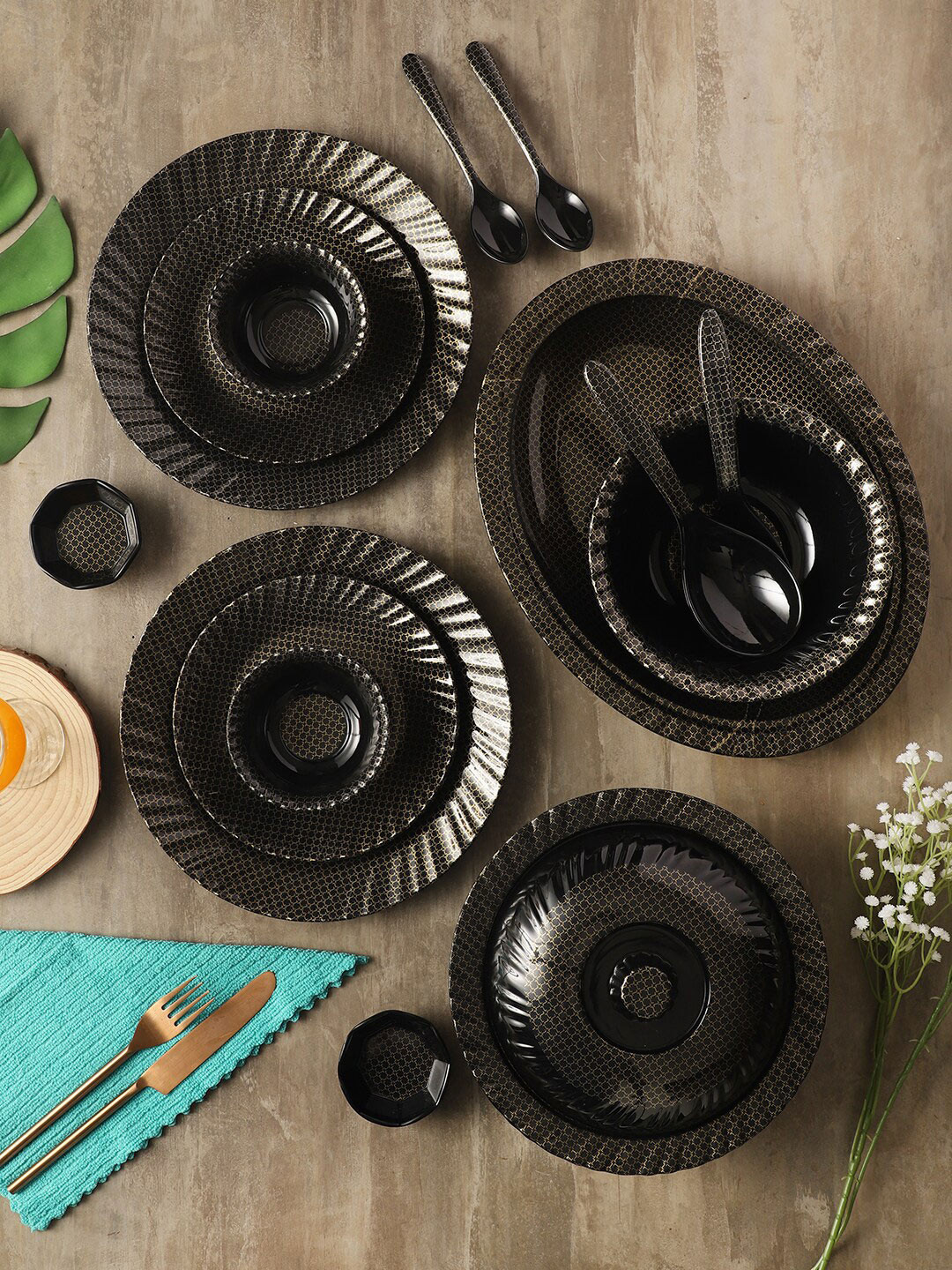 

CDI Black & Gold-Toned 46 Pieces Printed Melamine Glossy Dinner Set
