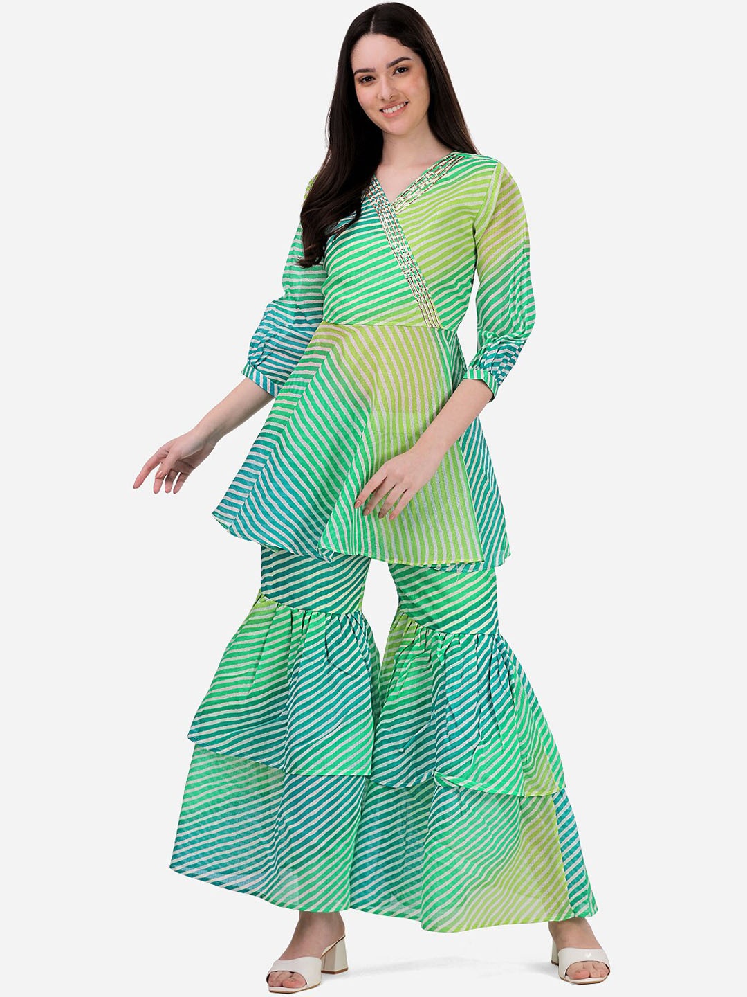 

HERE&NOW Leheriya Printed Angrakha Pure Cotton Kurti with Sharara, Lime green